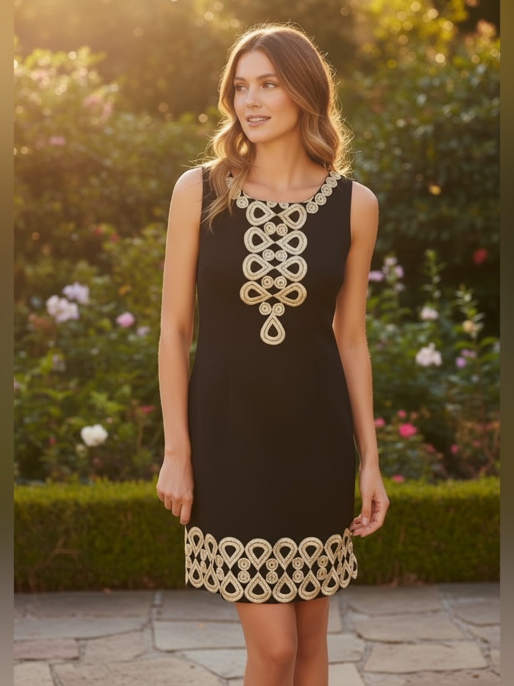 Lilly Pulitzer Adelson Shift Dress in Black with Gold Embroidered Lace